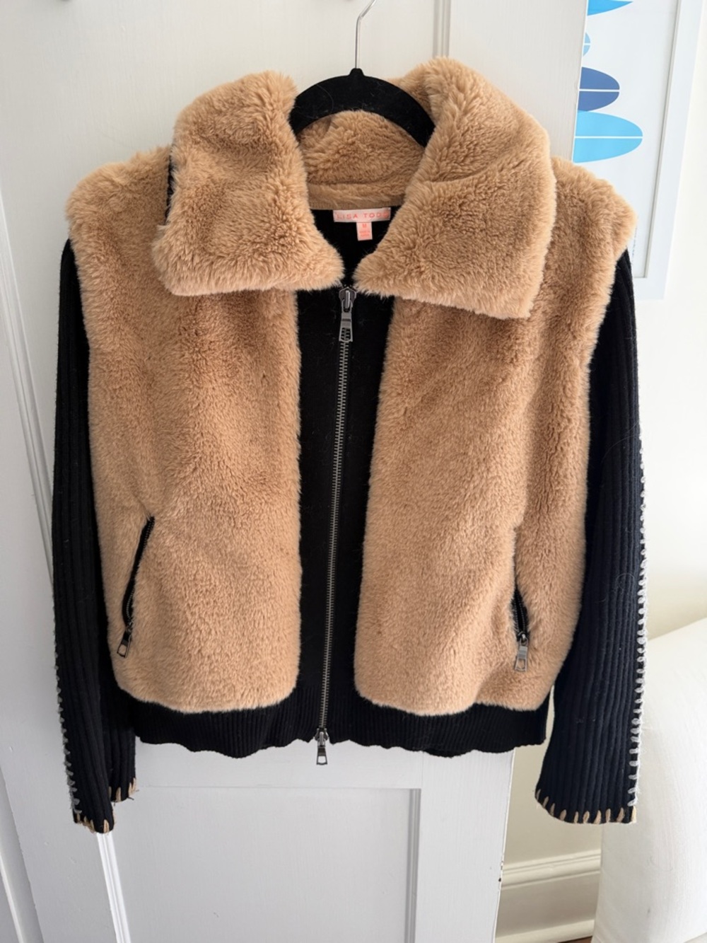Lisa Todd Tan Faux Fur & Black Ribbed Sleeve Zip Sweater